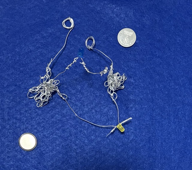 After some attempts, the parallel cicuit stopped working. I though it might be because the wire was too thin so I gathered the crocheted sides together. Even after that the connection did not work.