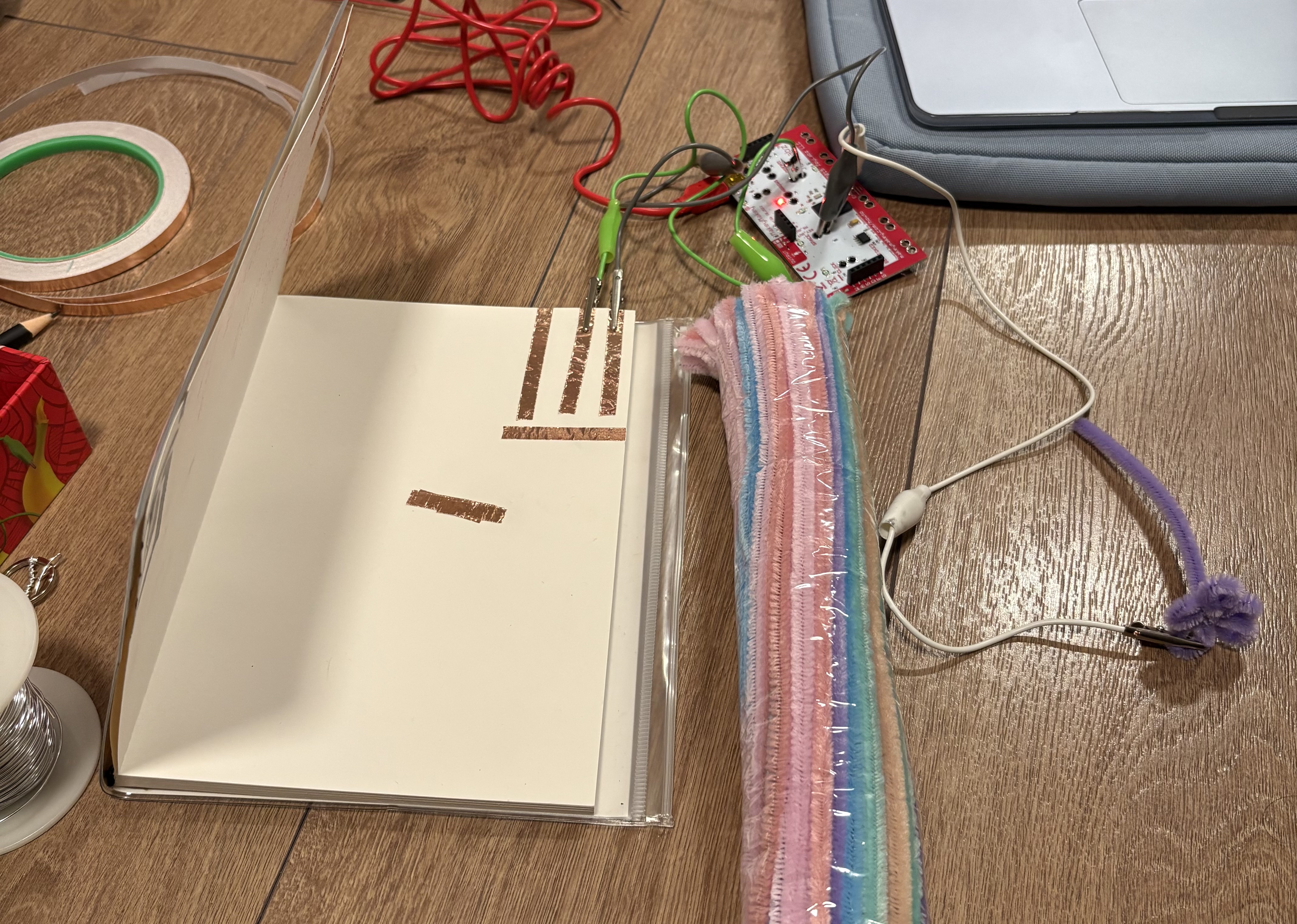 This is the set up of the windpipers and copper tape plus the makey makey.