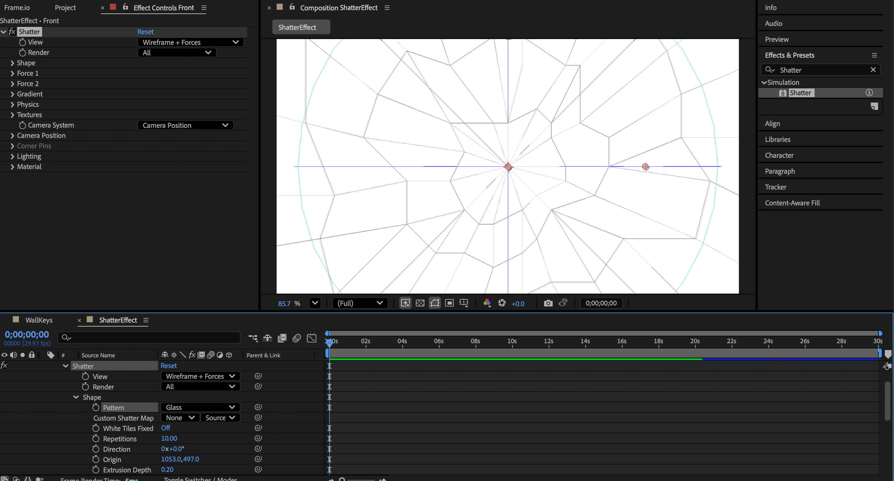 Shatter effect selected on After Effects.